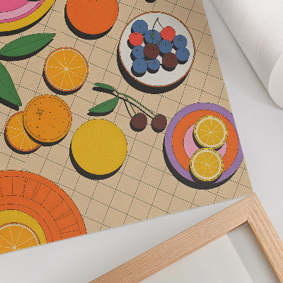Stampa su tela Una composizione dinamica di frutta su uno sfondo geometrico.