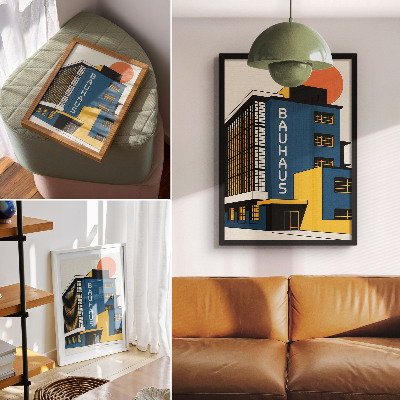 Stampa su tela Edificio Bauhaus blu navy con accenti gialli e modernità