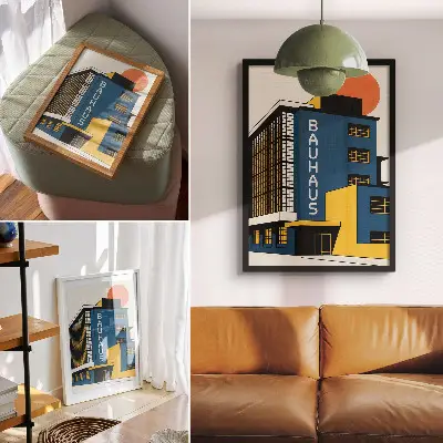 Stampa su tela edificio in stile Bauhaus blu navy con accenti gialli