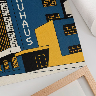 Stampa su tela Edificio Bauhaus blu navy con accenti gialli e modernità