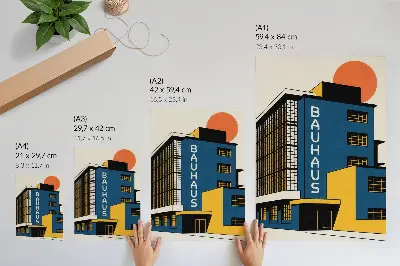 Stampa su tela edificio in stile Bauhaus blu navy con accenti gialli