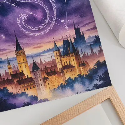 Stampa su tela mondo fantastico con castello di draghi, cielo stellato e spazio