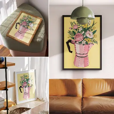 Stampa su tela illustrazione moderna con caffettiera rosa