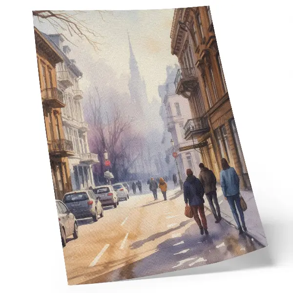 Poster via cittadina con alberi invernali e atmosfera tranquilla