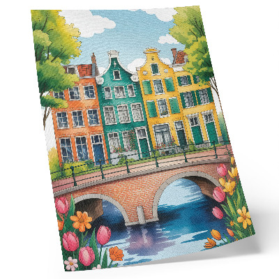Stampa su tela Case popolari colorate lungo il canale, stile illustrativo
