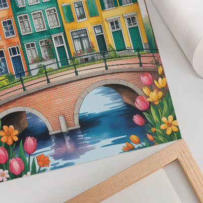 Stampa su tela Case popolari colorate lungo il canale, stile illustrativo