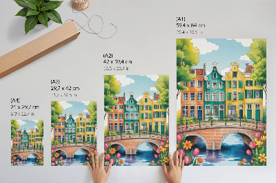 Stampa su tela Case popolari colorate lungo il canale, stile illustrativo