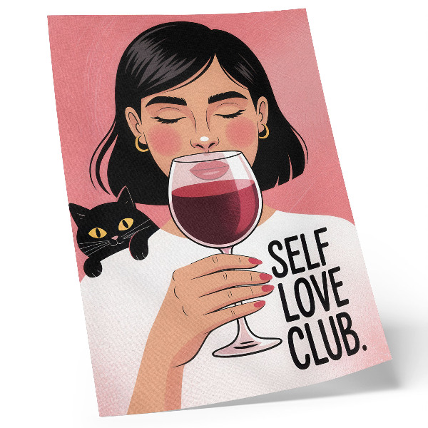 Stampa su tela Donna con vino e gatto in stile illustrazione