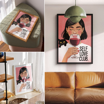 Stampa su tela Donna con vino e gatto in stile illustrazione