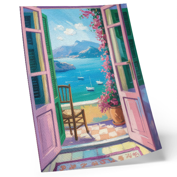 Stampa su tela Porta aperta fiori luminosi mare blu barche a vela