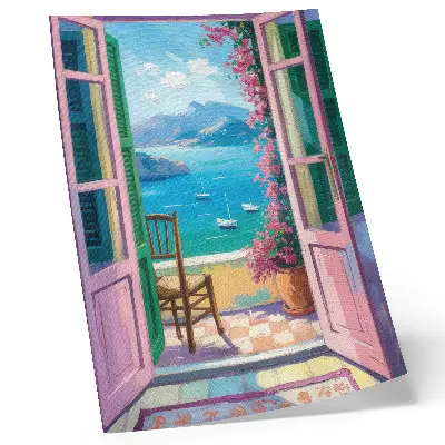 Stampa su tela porta aperta con vista su fiori luminosi, mare blu e barche a vela