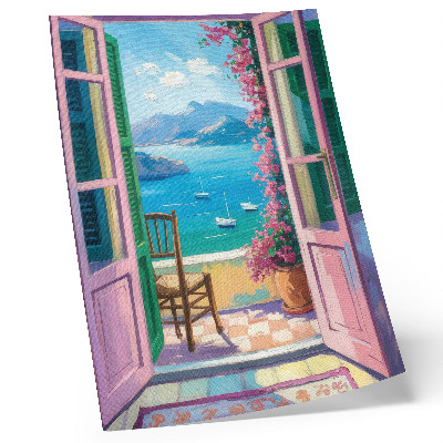 Stampa su tela Porta aperta fiori luminosi mare blu barche a vela