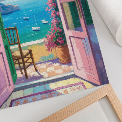 Stampa su tela Porta aperta fiori luminosi mare blu barche a vela