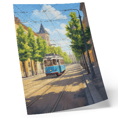 Stampa su tela Tram luminoso su strada verde e blu