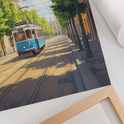 Stampa su tela Tram luminoso su strada verde e blu