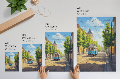 Stampa su tela Tram luminoso su strada verde e blu