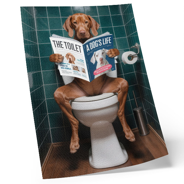Stampa su tela Cane sul water con rivista sulle piastrelle verdi