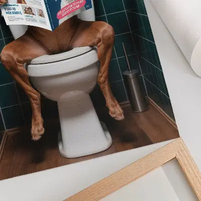 Stampa su tela cane sul water con rivista su mattonelle verdi