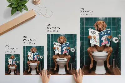 Stampa su tela cane sul water con rivista su mattonelle verdi