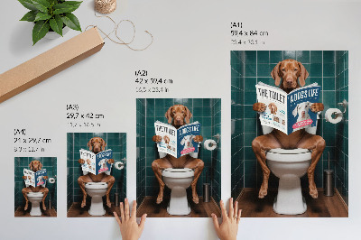 Stampa su tela Cane sul water con rivista sulle piastrelle verdi