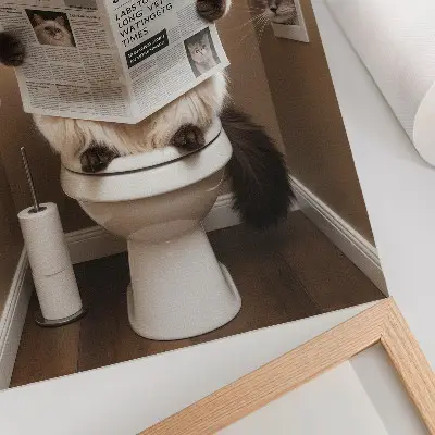 Foto su tela gatto che legge un giornale su una parete beige dal tono umoristico e caloroso