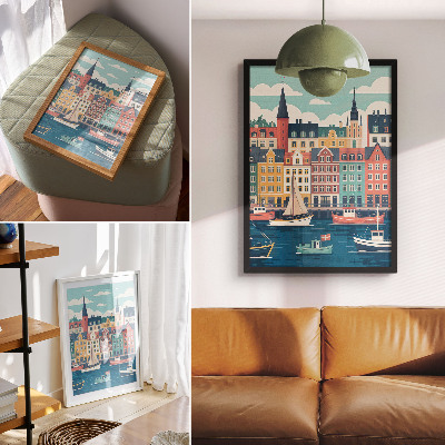 Poster Case popolari colorate in riva all'acqua, fascino e armonia