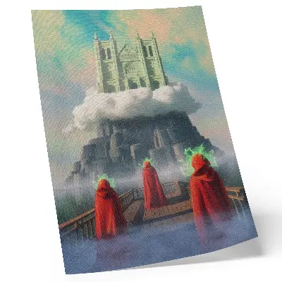 Stampa su tela castello tra le nuvole con figure in cappotti in stile surrealista