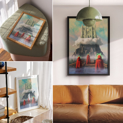 Stampa su tela Castello tra le nuvole figure in cappotti surrealismo
