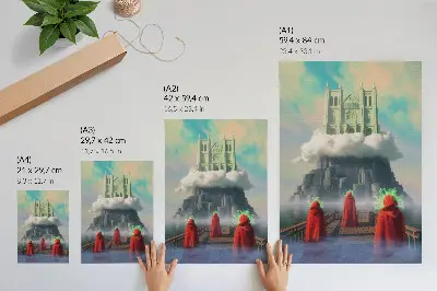 Stampa su tela castello tra le nuvole con figure in cappotti in stile surrealista