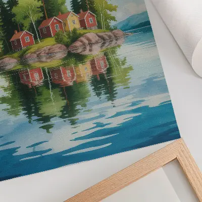 Stampa su tela isola pittoresca con case, alberi e acqua calma