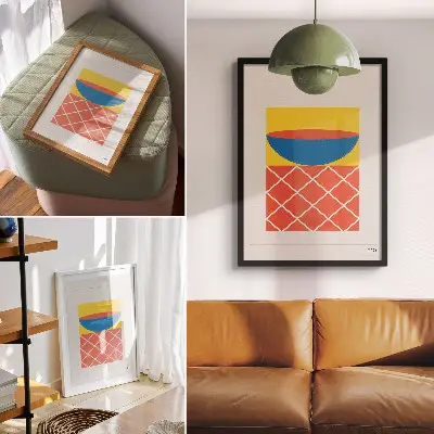 Stampa su tela composizione geometrica nei toni del giallo blu e rosso