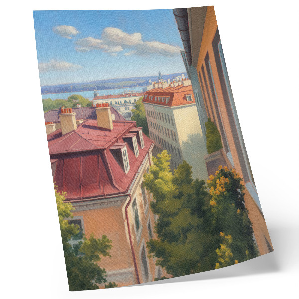 Poster Alberi rigogliosi, tegole rosse, cielo blu