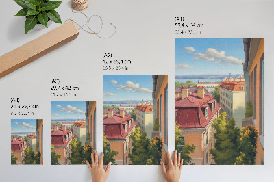Poster Alberi rigogliosi, tegole rosse, cielo blu