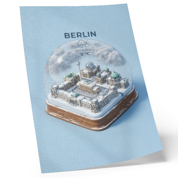 Foto su tela Una città in miniatura in una sfera di vetro con la neve