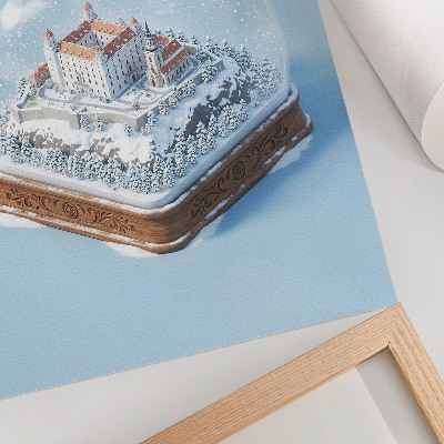 Poster Illustrazione di un globo invernale con castello e neve