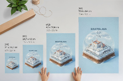 Poster Illustrazione di un globo invernale con castello e neve