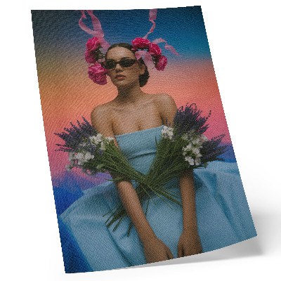 Stampa su tela Donna con fiori sullo sfondo di un tramonto
