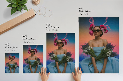 Stampa su tela Donna con fiori sullo sfondo di un tramonto