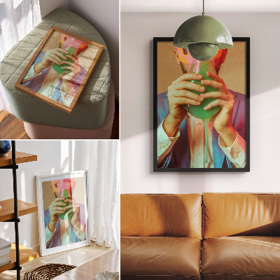 Stampa su tela Una maschera colorata nelle mani di una figura surreale