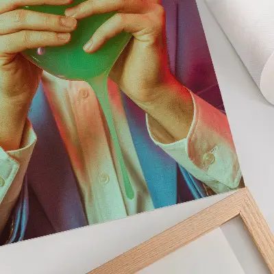 Stampa su tela raffigurante una maschera colorata tra le mani di una figura surreale