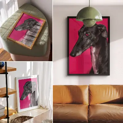 Stampa su tela cane bianco e nero su sfondo rosa intenso