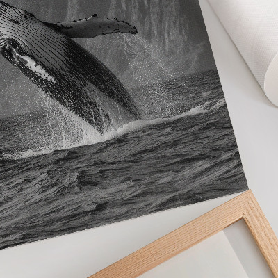 Stampa su tela Una foto di una balena che salta con le montagne sullo sfondo.