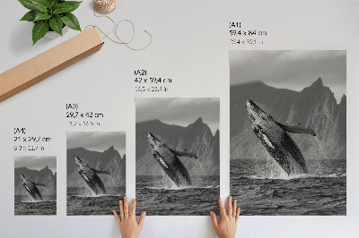 Stampa su tela Una foto di una balena che salta con le montagne sullo sfondo.