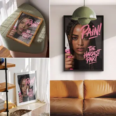 Poster volto con scritta rosa e atmosfera dinamica