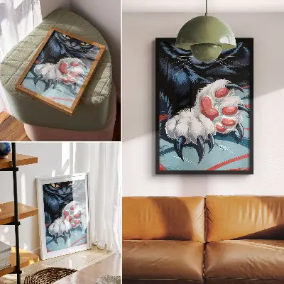 Stampa su tela gatto con artigli in mostra dai colori vivaci e dinamismo intenso