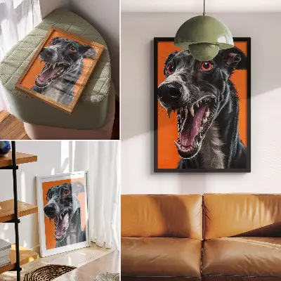 Poster con pelliccia nera su sfondo arancione e dettagli espressivi