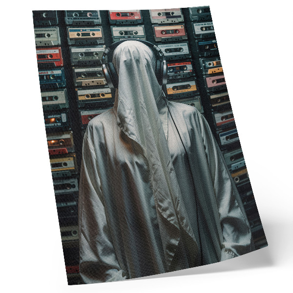 Stampa su tela Una figura vestita di bianco davanti a una parete di audiocassette