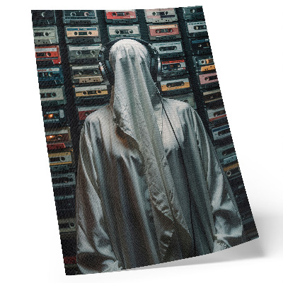 Stampa su tela Una figura vestita di bianco davanti a una parete di audiocassette
