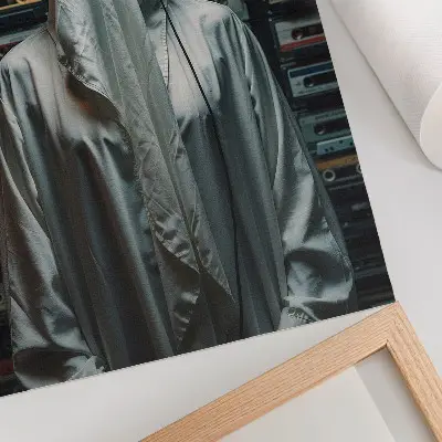 Stampa su tela figura vestita di bianco davanti a una parete di audiocassette