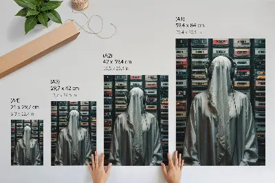 Stampa su tela figura vestita di bianco davanti a una parete di audiocassette